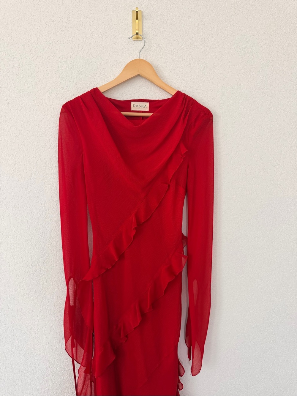 Daska Red Long-Sleeve Ruffle Midi Dress
